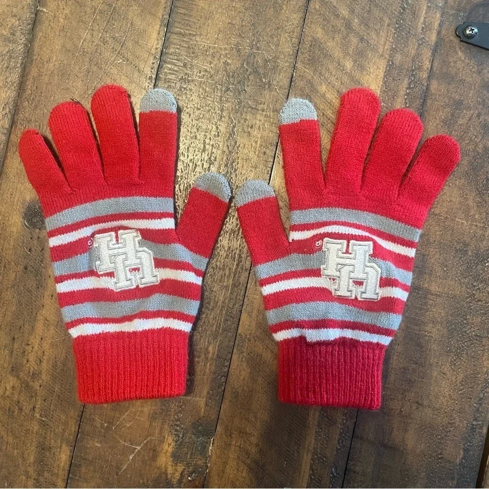 Red Gray White Striped Gloves with UH Logo Touchscreen Compatible Houston‎